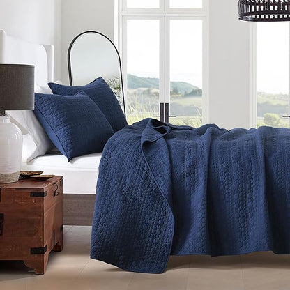 HORIMOTE HOME Quilt Set King Size Navy Blue, Classic Geometric Spots Stitched Pattern, Pre-Washed Microfiber Chic Rustic Look, Ultra Soft Lightweight Quilted Bedspread for All Season, 3 Pieces