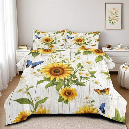 Farmhouse Sunflower Comforter Set Queen White Daisy Bedding Set for Girls Boys Kids Gardern Rustic Botanical Flower Comforter Flowers Butterfly Bedding Soft Lightweight Comforter Sets