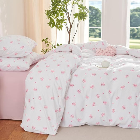 Nayoroom Pink Bow Comforter Set Twin Size Heart Bowknot Printed Cute Comforter 2 Pieces Soft Lightweight Kids Girls Dorm Bedding Set for All Seasons