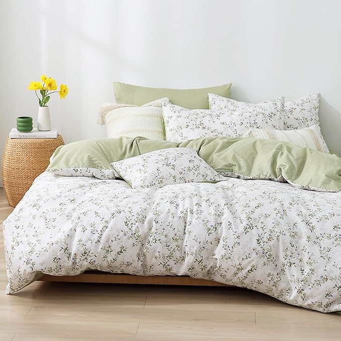 Botanical Cotton Comforter King Size - Tender Green Comforter Printed with Leafy Branches & Purple Stamens on Off-White,Reversible Lightweight Bedding Sets 3Pcs