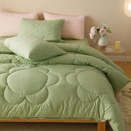Houseri Sage Green Floral Comforter Set King Sunflower Light Green Fluffy Quilted Comforters King Size Ultra Comfy Bedding Sets Soft Breathable