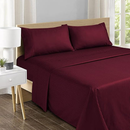 Feather & Stitch 500 TC Full Size Damask Bed Sheet Set, 100% Cotton Soft Breathable Bedsheets, 4 Piece 18" Deep Pockets Sateen Weave Striped Bedding Mattress Resort Hotel Luxury- (Burgundy Stripe)