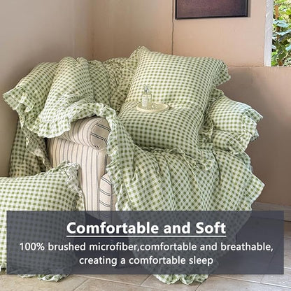 NSNLGSGC Sage Green Ruffle Gingham Comforter Set Twin, Pre-Washed Ruffled Plaid Checked Comforter Bedding, 2 Pieces Vintage Farmhouse Grid Bedding Set(Green Gingham, Twin)