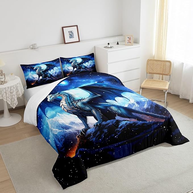 Dragon Comforter Set King Size,Snow Mountain Starry Sky Galaxy Duvet Insert for Kids Boys Men Teens Room Decor,Glitter Star Trippy Bedding Set 3Pcs,Western Magical Animal Blue Quilt Set,2 Pillowcases
