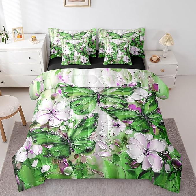 Erosebridal Green Butterfly 7 Piece Bed in A Bag Full White Flowers Oil Painting Boho Comforter Set Retro Hippie Floral Butterfly Bedding Set for Girls Women,Aesthetics Bohemian Bed Set