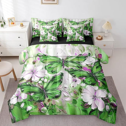 Erosebridal Green Butterfly 7 Piece Bed in A Bag Full White Flowers Oil Painting Boho Comforter Set Retro Hippie Floral Butterfly Bedding Set for Girls Women,Aesthetics Bohemian Bed Set