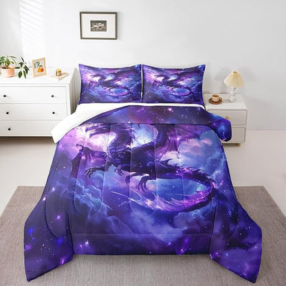 Dragon Comforter Set King Size,Magical Animals Bedding Set 3Pcs,Kids Girls Boys Teens Room Decor,Outer Space Starry Sky Quilt Set Purple Western Wildlife Theme Duvet Insert,2 Pillowcases