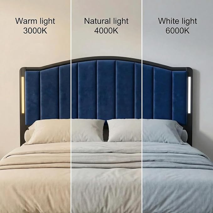 Headboard for King Size Bed with LED Lights, Upholstered Vertical Channel Tufting Head Boards, Velvet Headboard Only, Study & Comfortable, Ideal for Bedroom, Dorm, Guest Room, Blue