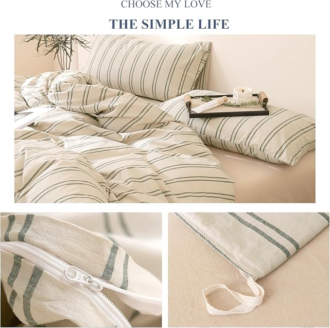 VM VOUGEMARKET Striped Duvet Cover Set Queen Beige 100% Washed Cotton Bedding Set,Grey Green Vertical Ticking Stripes Pattern Comforter Cover with Zipper Closure (3pcs, Queen Size)