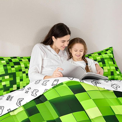 Pixelated Miners Game Kids Comforter Set Full Size,Video Games Gamepad Gaming Bedding Set,Girls Boys Room Decor,Geometric Square Quilt Comforter,Light Green Duvet Set Bedroom Quilt Set,2 Pillowcases
