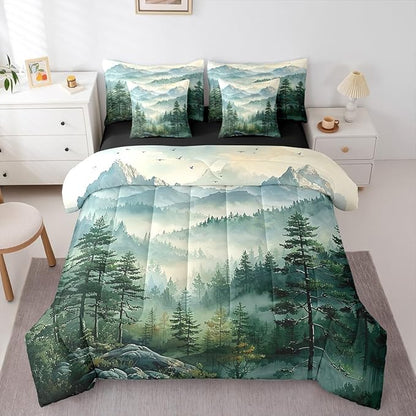 Erosebridal Green Forest Queen Comforter Set with Sheets 7 Piece Woodland Mountain Bed in A Bag Watercolor Pine Tree Bedding Sets for Kids Adults,Nature Aesthetics Bed Set
