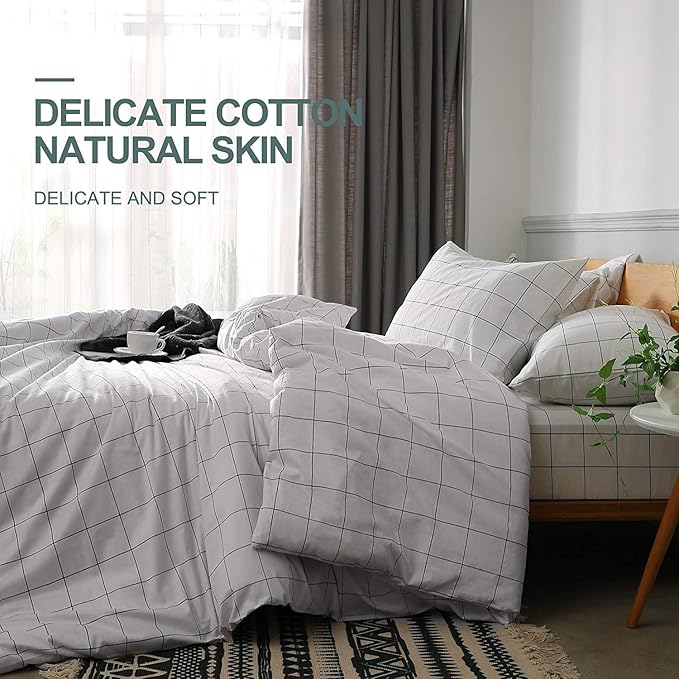JELLYMONI 100% Natural Cotton 3pcs Plaid Duvet Cover Sets,White with Black Grid Geometric Pattern Printed Comforter Cover,with Zipper Closure & Corner Ties(Oversized King Size)