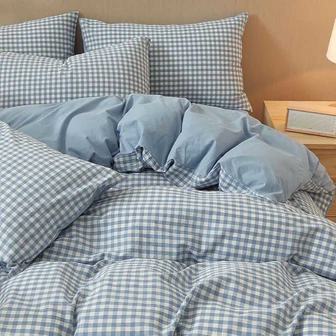 Nayoroom Blue Gingham Duvet Cover Queen Size 100% Washed Cotton Duvet Cover 3 Pieces Soft Breathable Yarn-Dyed Plaid Checkered Girls Dorm Bedding Set for All Seasons