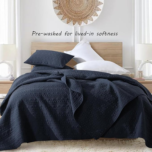 HORIMOTE HOME Navy Quilt Set Queen Size, Lightweight Soft Pre-Washed Microfiber Circle Pattern Bedspread Coverlet, 3 Pieces Quilt Bedding Set with Pillow Shams for All Season, 90x96 inches