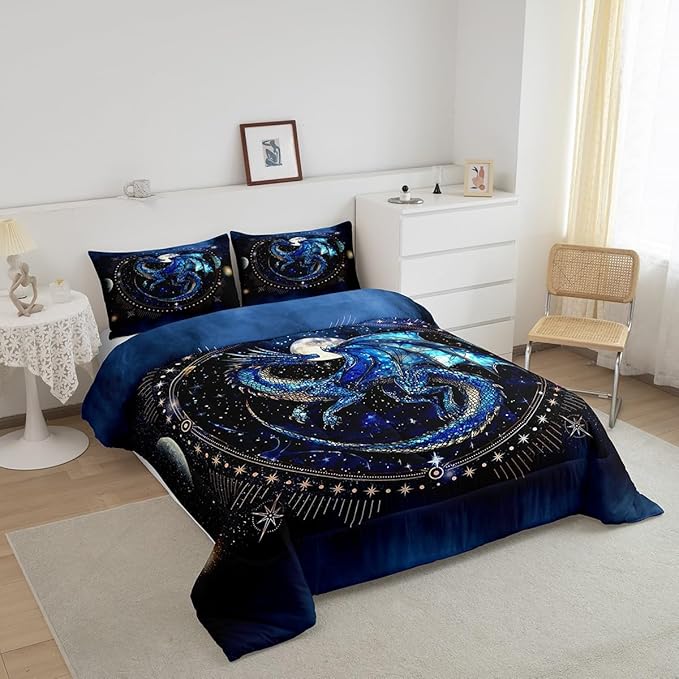 Feelyou Dragon Comforter Set King Size Dragon Stuff Comforter for Boys Girls Teens Luxury Bedding Set Dragon Decor Duvet Set Room Decor Blue Black Quilt Set