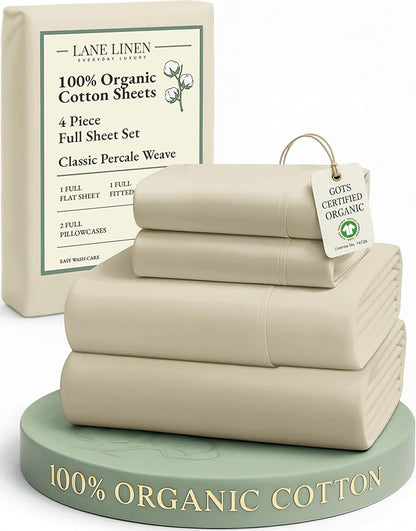 LANE LINEN 100% Organic Cotton Bed Sheets Full Size, Fully Elasticized Reinforsed Seams in Fitted Pocket, Machine Washable Naturally Cooling Full Sheet Deep Pocket Bedding- Linen