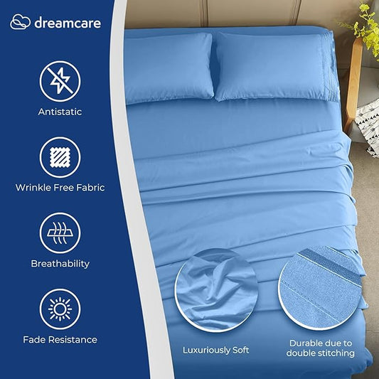 DREAMCARE Queen Size Sheets - Cooling Bed Sheets - 4pcs Set - up to 15" Deep Pocket Queen Sheet Set - Sheets Queen Size Bed - Soft & Long Lasting 100% Fine Brushed Polyester with Side Pocket - Lblue