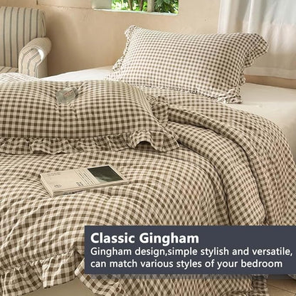 NSNLGSGC Tan Ruffle Gingham Comforter Set King, Pre-Washed Ruffled Taupe Plaid Checked Comforter Bedding, 3 Pieces Vintage Farmhouse Grid Bedding Set(Tan Gingham, King)