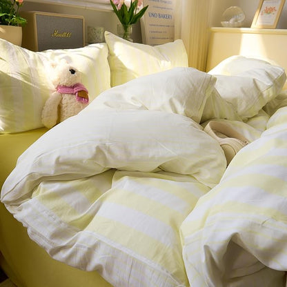 EAVD Yellow and White Vertical Striped Duvet Cover Queen Soft Washed Microfiber Farmhouse Yellow Striped Bedding Set with 2 Pillowcases Reversible Geometric Pattern Duvet Cover with Zipper Closure
