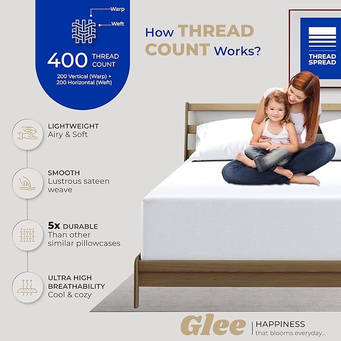 THREAD SPREAD 100% Cotton King Size Pillow Cases Set of 2 - Luxury 400 Thread Count Pillow Cases King Size (White), Soft Cooling Breathable & Durable Sateen Weave Hotel Quality Cotton Pillowcases