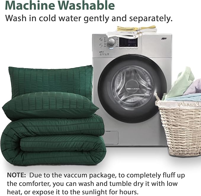AveLom Dark Green Seersucker Full Comforter Set (80x90 inches), 3 Pieces-100% Soft Washed Microfiber Lightweight Comforter with 2 Pillowcases, All Season Down Alternative Comforter Set for Bedding