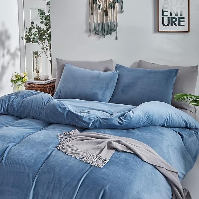Houseri Blue Velvet Comforter Set Full Fluffy Lake Blue Bedding Comforter Full Size Teen Boys Girls Light Blue Sherpa Bedding Sets Warm Furry Flannel Comforters Ocean Blue Soft Fuzzy Bed Blanket Full