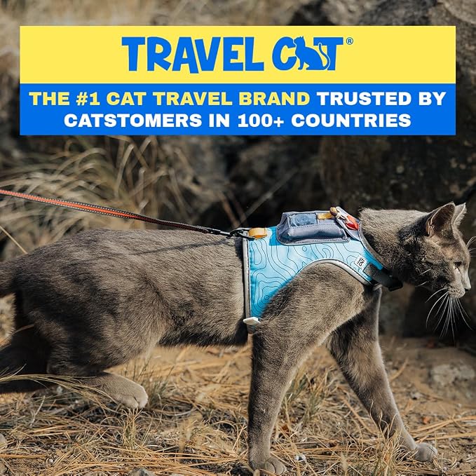 Travel CAT The Pathfinder Cat Harness with GPS Tracker Pocket - Powered by Tractive Cat Harness Escape Proof - Walking Escape Proof Harness for Small, Large Cat, Kitten (Blue, Large)