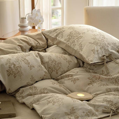 VM VOUGEMARKET Linen Cotton Duvet Cover Set King Retro Monet Flower Bedding Set,Jacquard Yarn-Dyed Textured Comforter Cover with Bowknot-104 x90,Khaki