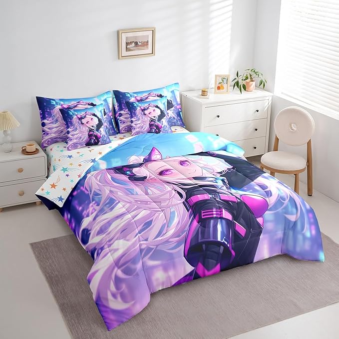 7 Piece Girls Japanese Anime Bedding Set Queen, Kawaii Anime Girl Comforter Sets Cartoon Girl Bed In A Bag For Kids Teens Adult Women, Japanese Animation Sci Fi Style Sheet Sets With Comforter