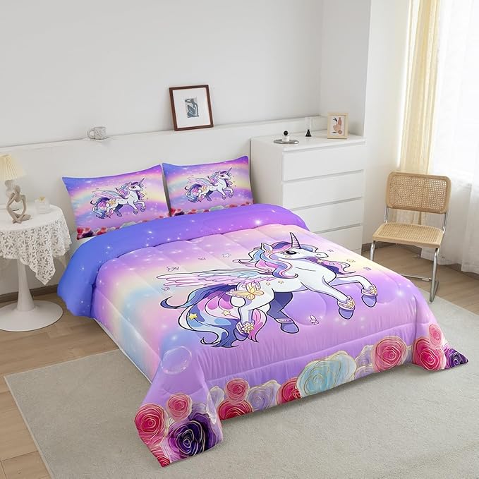 Kids Girls Unicorn Bed Comforters Set Queen Size,Pink Purple Rainbow Super Soft Microfiber Bedding Set for Boys Girls,Cartoon Unicorn Rose Flowers Room Decorative Comforter Set,2 Pillowcase