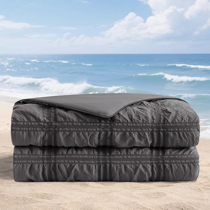 Cozy Bliss Cooling Comforter Seersucker Plaid Twin XL Size, Q-Max 0.45 Lightweight Cooling Blanket, Breathable Silk Smooth Summer Bedding Quilt for Hot Sleepers Night Sweats Dark Gray