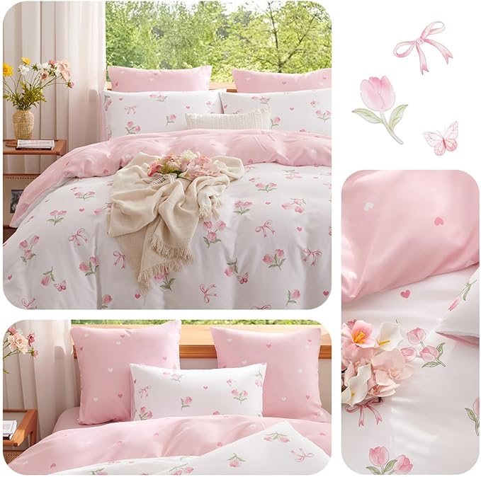 Floral Comforter Set Full Size - 3 Pieces Pink White Floral Tulips Bow Comforter Bedding Sets Reversible Pattern,Full Bed in a Bag with Flowers Comforter and 2 Pillowcases