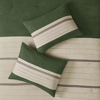 Madison Park Cozy Comforter Set-Luxury Faux Suede Design, Striped Accent, All Season Down Alternative Bedding, Matching Shams, Decorative Pillow, Green, California King (104 in x 92 in)
