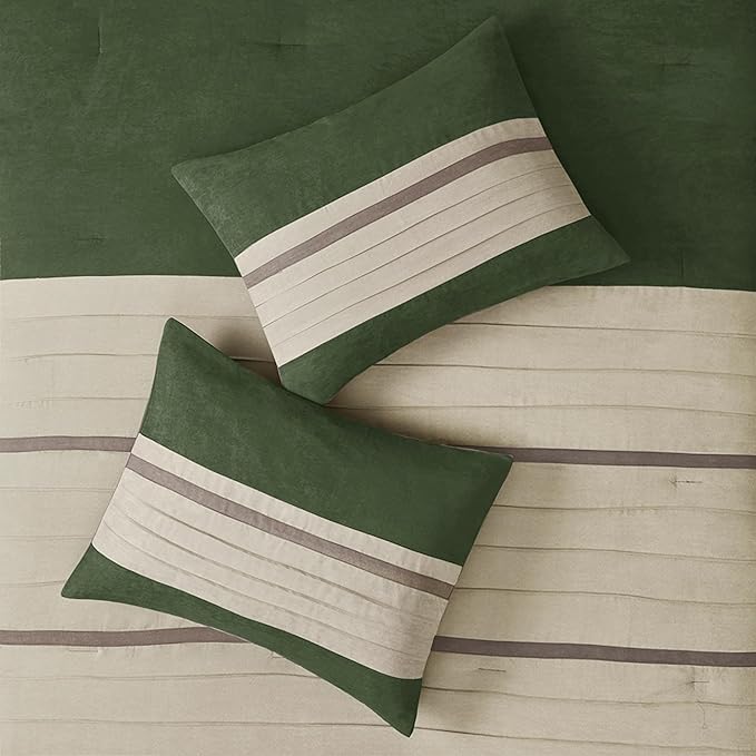 Madison Park Palmer Comforter Set-Luxury Faux Suede Design, Striped Accent, All Season Down Alternative Bedding, Matching Shams, Decorative Pillow, Bed Skirt, Queen (90 in x 90 in), Green 7 Piece