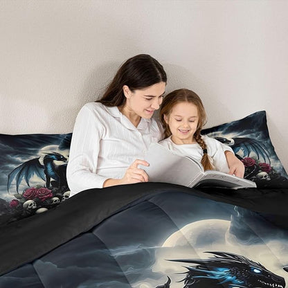 Feelyou Dragon Bedding Set Soft for Boys Girls,Dragon Stuff Comforter Set Queen Size Wild Life Duvet Quilt Microfiber Magic Wildlife Bedroom Decor Blackish 3 Pcs with 2 Pillow Cases