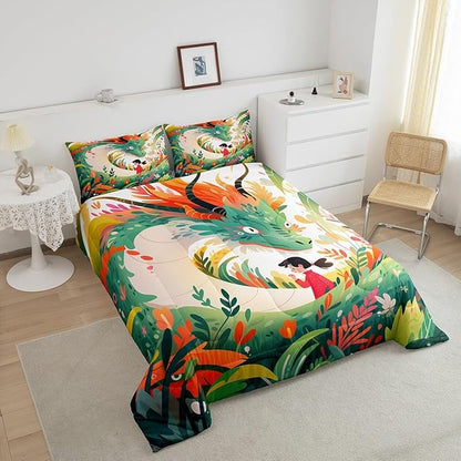 Dragon Cute Girl Comforter Set King Size,Cartoon Floral Green Weed Bedding Set for Kids Boys Teens Room Decor,Colorful Flower Animals Duvet Insert 3Pcs,Watercolor Fantasy Quilt Set,2 Pillowcases