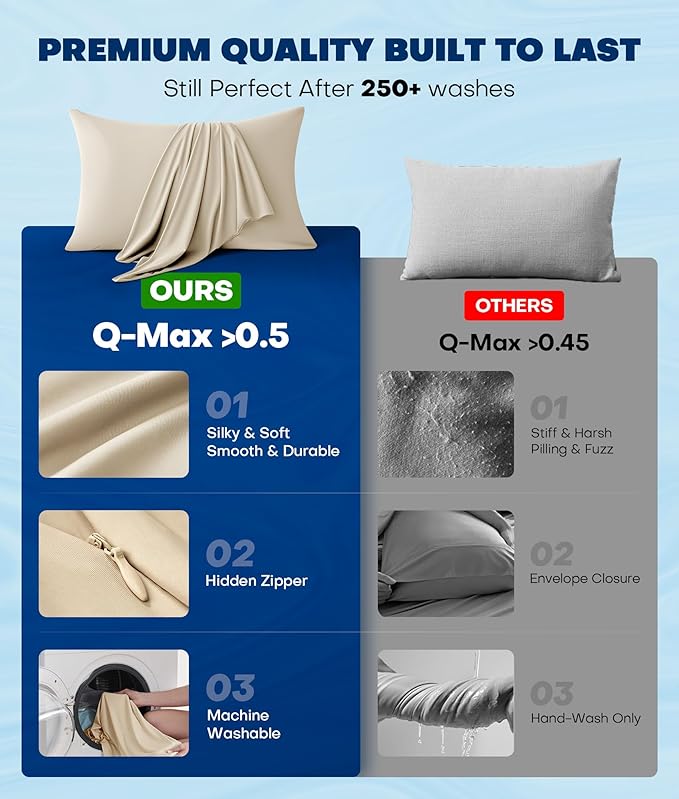 Ultra-Chill Cooling Pillowcase Set of 2 for Hot Sleepers, Softer Than Silk Pillow Cases for Protecting Hair & Skin, Breathable Bed Pillow Covers w/Zipper, Gifts for Women Men(Beige, Queen)