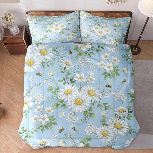 King Size Comforter Set with 2 Pillowcases, Wildflower Daisy Flower Floral Soft 3 Pcs Bedding for Kids and Adults Bedroom Bed Decor