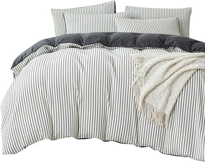 Dark Grey Comforter Set King Soft Luxury Washed Microfiber Jacquard 3 Pieces Bedding, White Grey Vertical Ticking Stripes Pattern Comforter with 2 Pillowcases Breathable Durable Comfy