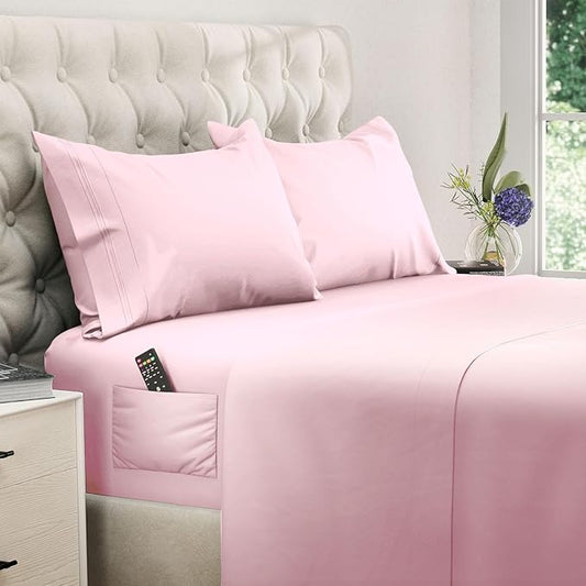 DREAMCARE Queen Size Sheets - Cooling Bed Sheets - 4pcs Set - up to 15" Deep Pocket Queen Sheet Set - Sheets Queen Size Bed - Soft & Long Lasting 100% Fine Brushed Polyester with Side Pocket, Pink