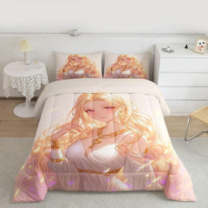 Erosebridal Kawaii Girly Comforter Set 3D Anime Gifts Bedding Sets, Japanese Girl Bedding for Kids Girls Lady Women Aesthetic Princess Bedding Comforter Sets King Size