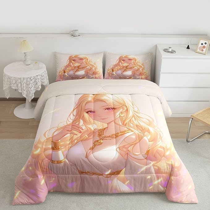 Erosebridal Kawaii Girly Comforter Set 3D Anime Gifts Bedding Sets, Japanese Girl Bedding for Kids Girls Lady Women Aesthetic Princess Bedding Comforter Sets Full Size