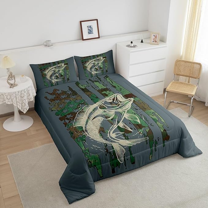 Feelyou Bass Fish Comforter Set Full Size Green Camouflage Bedding Set for Fishing Lover Gifts Boys Girls Camo Pike Fish Fishing Comforter Wild Fisherman Bed Set Rustic Cabin Bedroom Decor