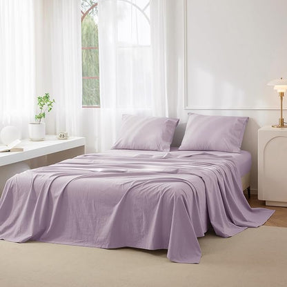 JIYUAN King Size Sheet Set, 4-Piece - 100% Washed Cotton, Linen-Like Soft & Breathable, Includes Deep Pocket Fitted & Flat Sheet with 2 Pillowcases, Hotel Quality, Heathered Light Purple