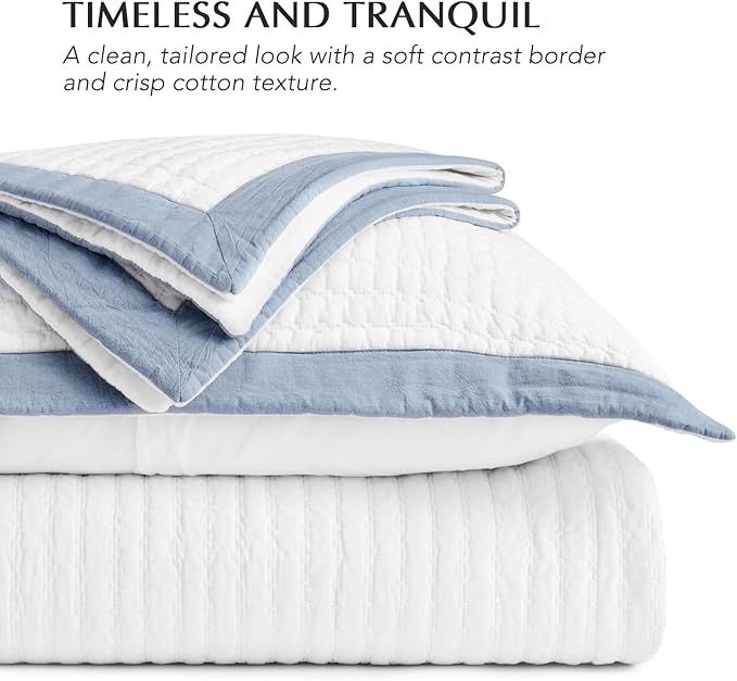 EVERGRACE Cotton Border Frame Tack-Stitch Quilt Bedding Set Queen Size, Coastal Oversized 3 Pieces Lightweight Bedspread Coverlet for All Season, with 2 Matching Shams, Blue Linen