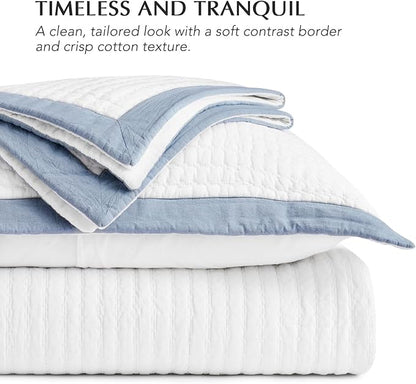 EVERGRACE Cotton Border Frame Tack-Stitch Quilt Bedding Set King Size, Coastal Oversized 3 Pieces Lightweight Bedspread Coverlet for All Season, with 2 Matching Shams, Blue Linen