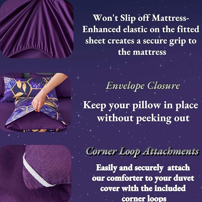 ANGIYUIN Purple Gold Comforter Set California King Size, Marble Gold Leaves Printed Bedding Comforter Set, 7 Pieces Hexagon Honeycomb King Bed in A Bag with Sheets for All Season