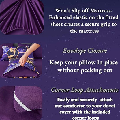 ANGIYUIN Purple Gold Comforter Set California King Size, Marble Gold Leaves Printed Bedding Comforter Set, 7 Pieces Hexagon Honeycomb King Bed in A Bag with Sheets for All Season