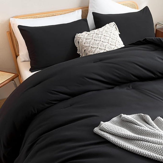 SDIII 3PCS Black Full Size Comforter Set with 2 Pillowcases, Brushed Microfiber Black Comforter Full Size Lightweight, All Season Soft Bedding Set