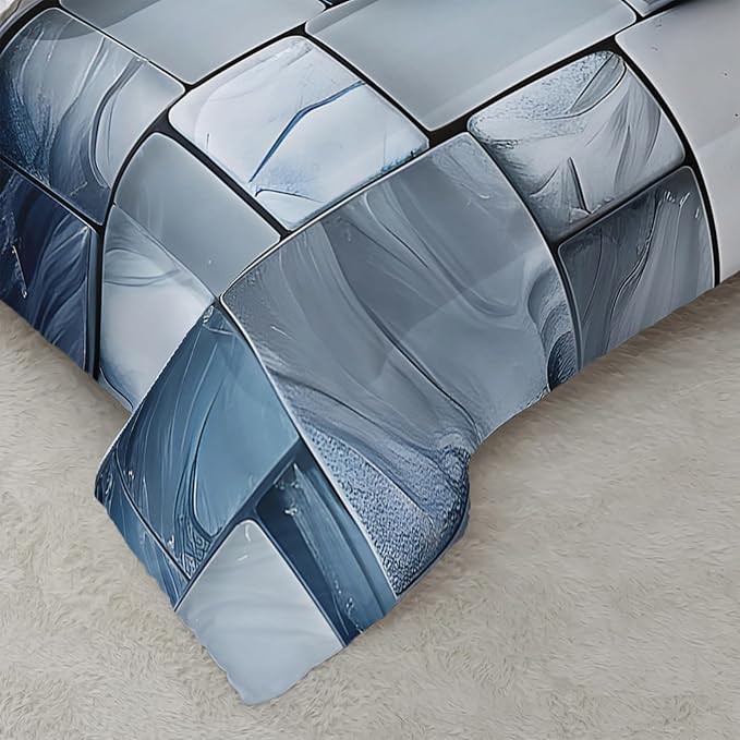 Blue Gray Checkered Comforter Set Full 3D Grid Bedding Sets 3PCS for Kids Teen Adult Boy Room Decor Ultra-Soft Lightweight Microfiber 1 Comforter with 2 Pillowcases